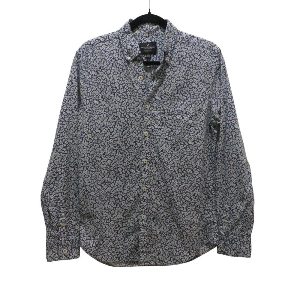 American Eagle Blue Floral Seriously Soft Classic Fit Button Up Shirt Mens Small